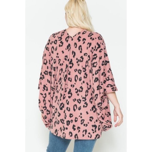 Pink Leopard Print open front Kimono Cardigan - Picture 2 of 6